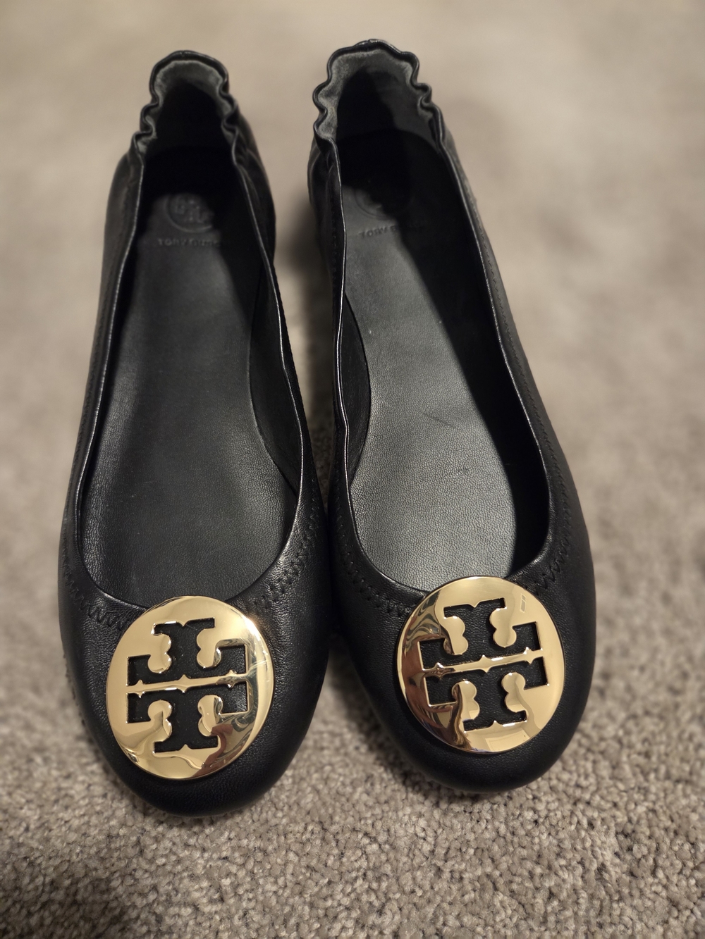 Tory Burch Black Leather Ballet Flats with Gold Logo Medallion - Size 8.5